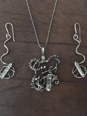 Vintage sterling silver quartz crystal necklace earrings 925 faceted chunky set